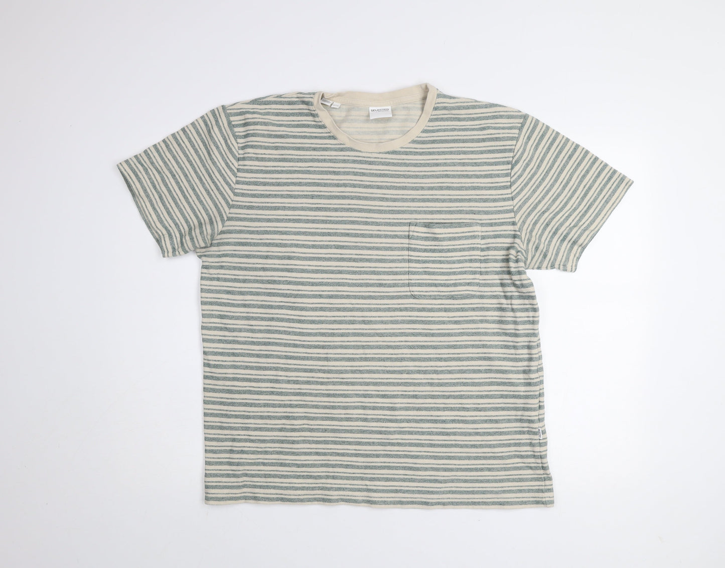 Selected Homme Men's Beige Striped Crew Neck T-Shirt XL Cotton Blend