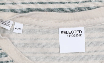 Selected Homme Men's Beige Striped Crew Neck T-Shirt XL Cotton Blend