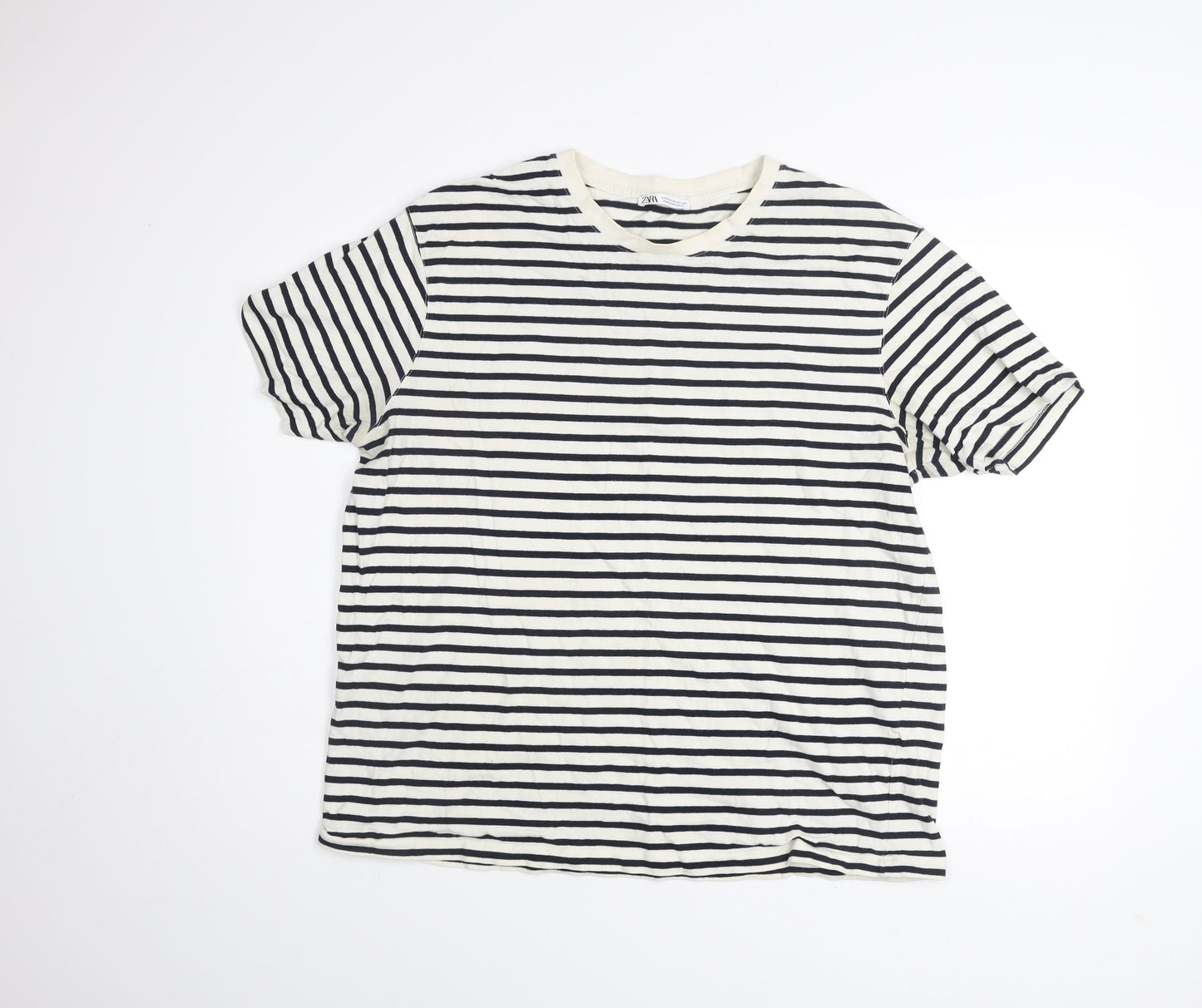 Zara Men’s White Black Striped Cotton Crew Neck T-Shirt XL