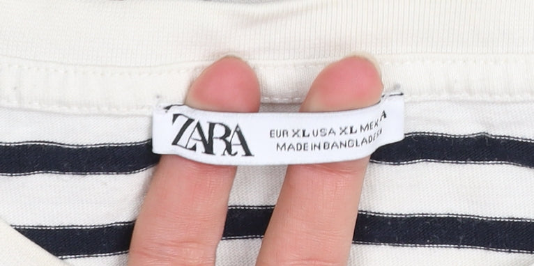 Zara Men’s White Black Striped Cotton Crew Neck T-Shirt XL