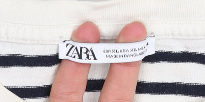 Zara Men’s White Black Striped Cotton Crew Neck T-Shirt XL