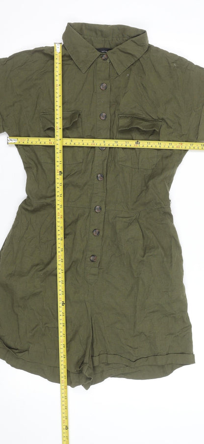 New Look Women Green Button-Up Collared Short Sleeve Playsuit Size 12