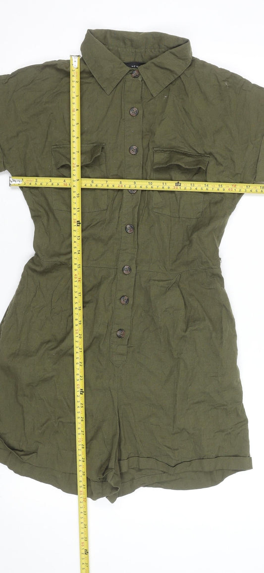 New Look Women Green Button-Up Collared Short Sleeve Playsuit Size 12