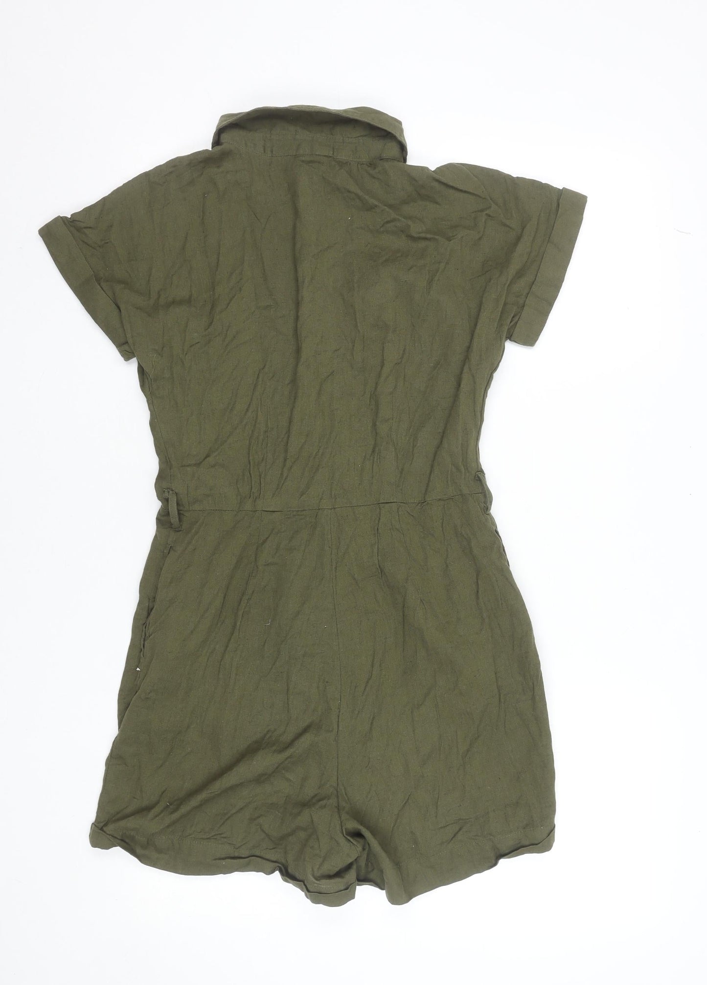 New Look Women Green Button-Up Collared Short Sleeve Playsuit Size 12