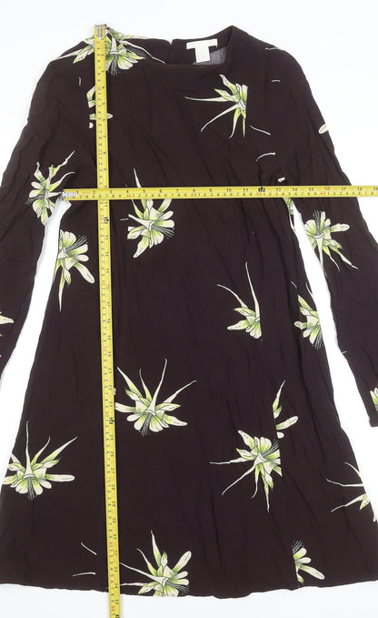 H&M Women Black Floral Shift Dress Size 8 Long Sleeve Knee Length