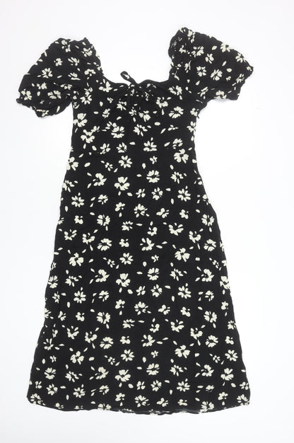 New Look Women Black Floral Puff Sleeve Midi Dress Size 10