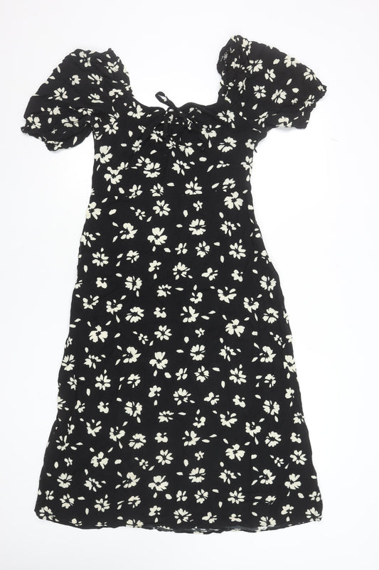 New Look Women Black Floral Puff Sleeve Midi Dress Size 10