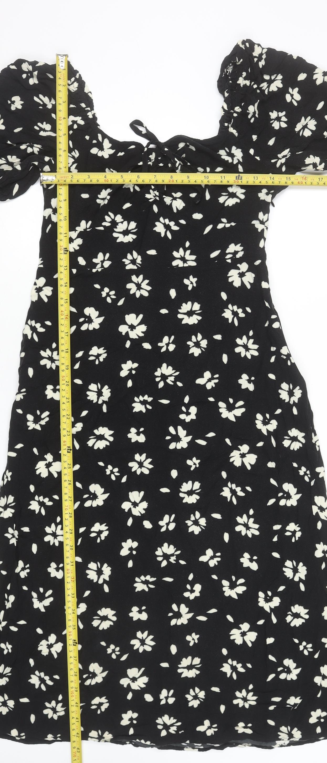 New Look Women Black Floral Puff Sleeve Midi Dress Size 10