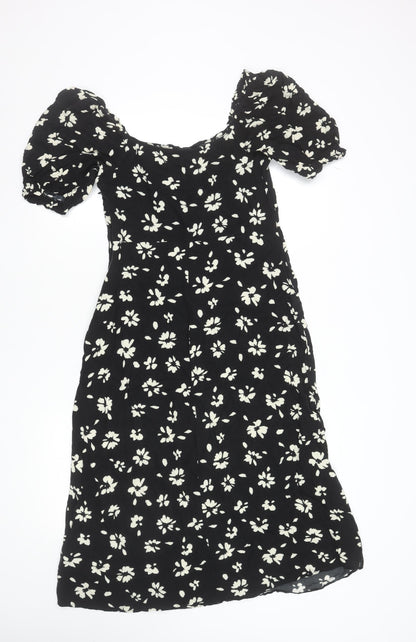 New Look Women Black Floral Puff Sleeve Midi Dress Size 10
