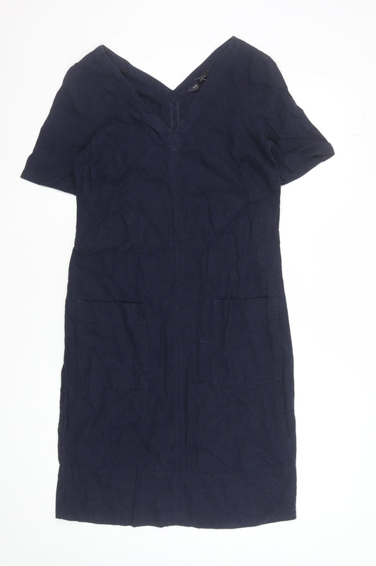 Marks and Spencer Women's Blue Linen Blend V-Neck Shift Dress Size 6