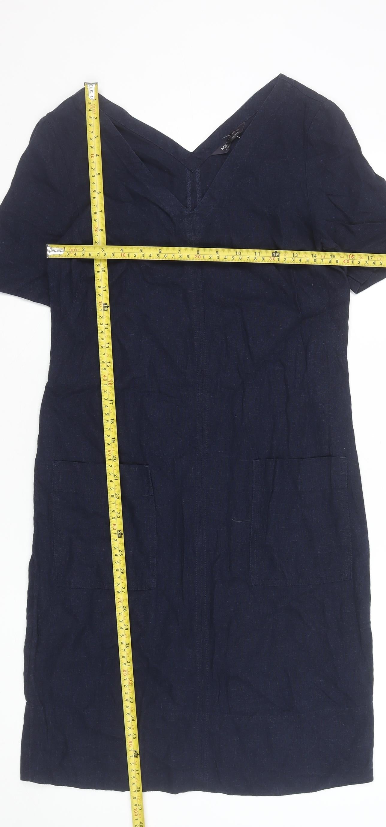 Marks and Spencer Women's Blue Linen Blend V-Neck Shift Dress Size 6