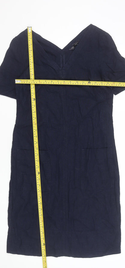 Marks and Spencer Women's Blue Linen Blend V-Neck Shift Dress Size 6