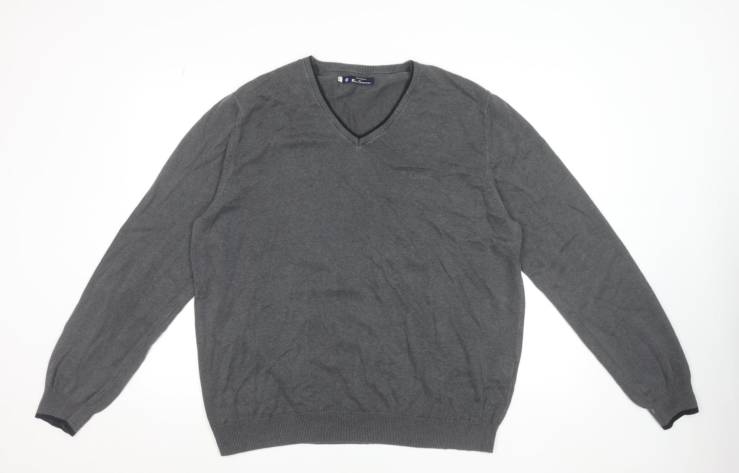 Ben Sherman Men's Grey XL V-Neck Cotton Jumper Classic Knitwear