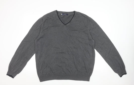 Ben Sherman Men's Grey XL V-Neck Cotton Jumper Classic Knitwear