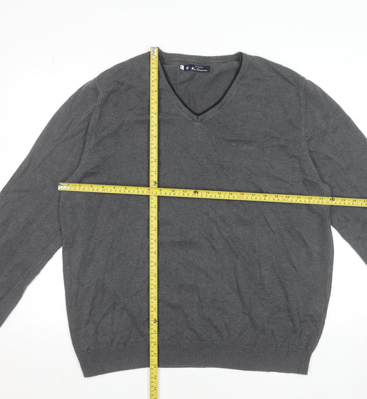 Ben Sherman Men's Grey XL V-Neck Cotton Jumper Classic Knitwear