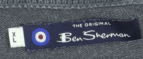 Ben Sherman Men's Grey XL V-Neck Cotton Jumper Classic Knitwear