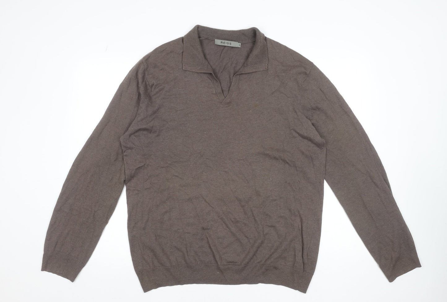 Reiss Men's Brown XL V-Neck Cotton Cashmere Pullover Jumper