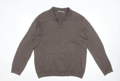 Reiss Men's Brown XL V-Neck Cotton Cashmere Pullover Jumper