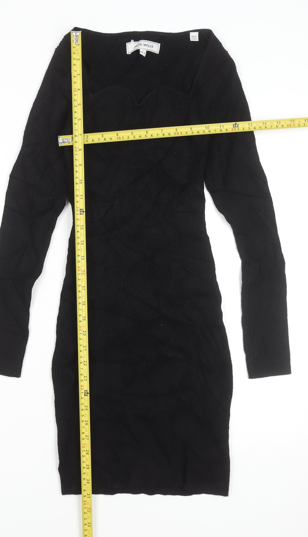 Jack Wills Women’s Black Bodycon Knit Dress Size 10 Long Sleeve Sweetheart Neck