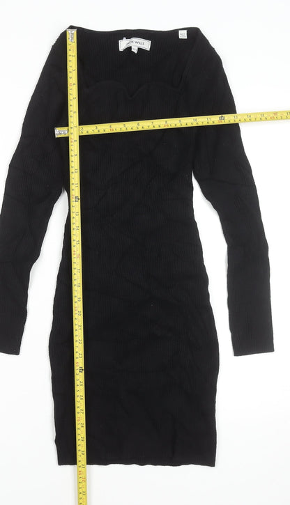 Jack Wills Women’s Black Bodycon Knit Dress Size 10 Long Sleeve Sweetheart Neck