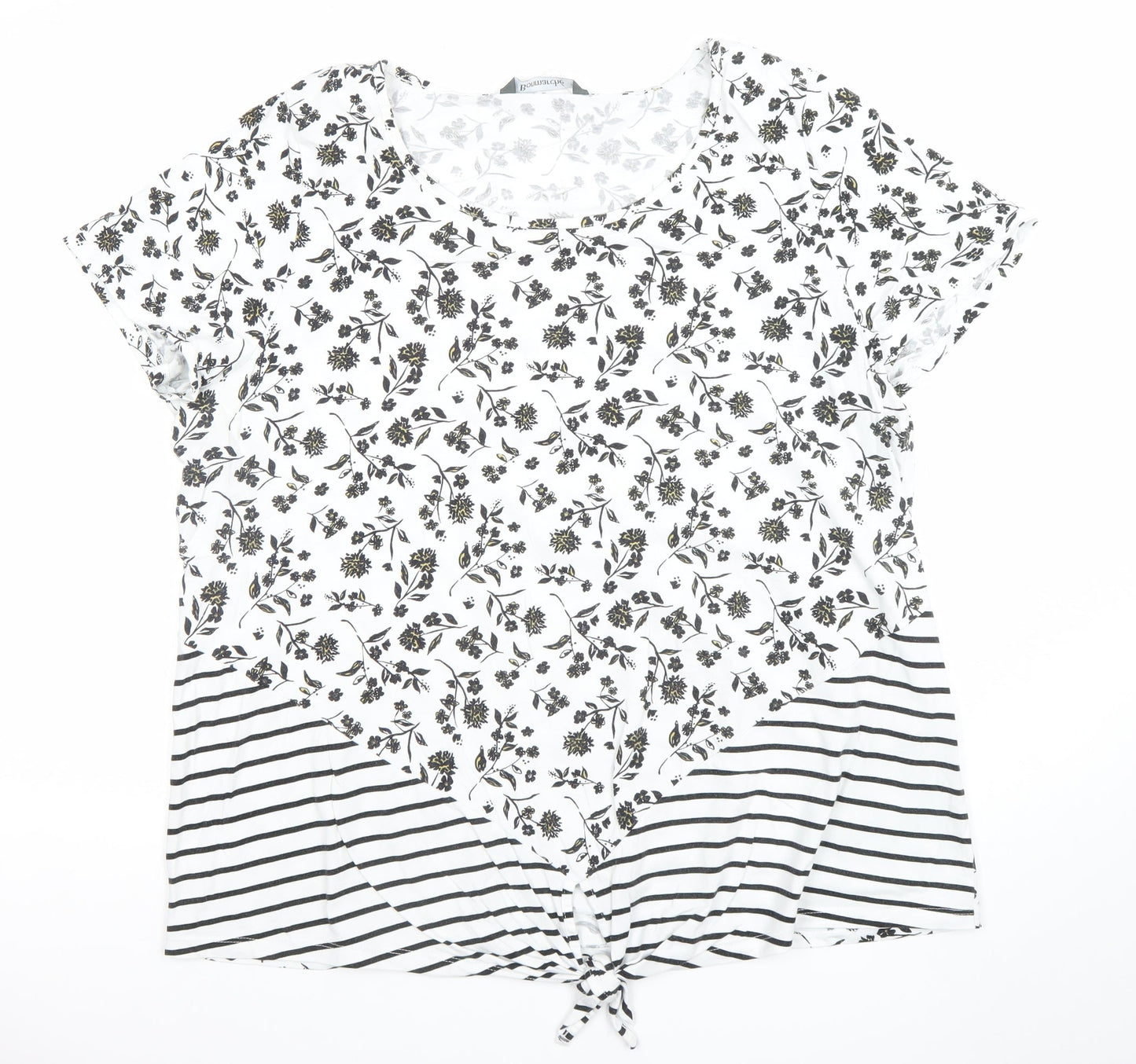 Bonmarché Women's White Floral Striped Tie Hem Cotton T-Shirt Size 22