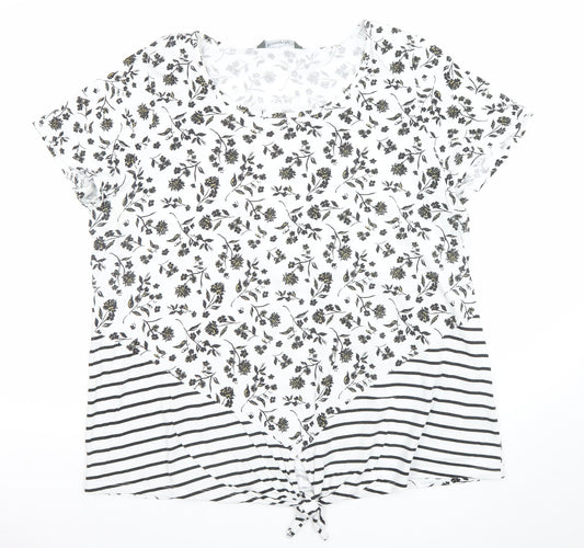 Bonmarché Women's White Floral Striped Tie Hem Cotton T-Shirt Size 22
