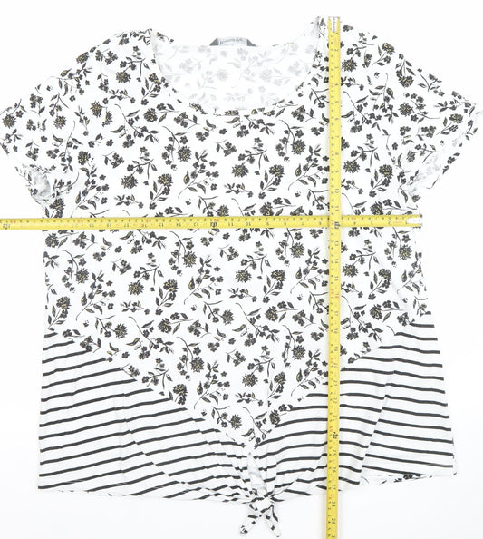 Bonmarché Women's White Floral Striped Tie Hem Cotton T-Shirt Size 22