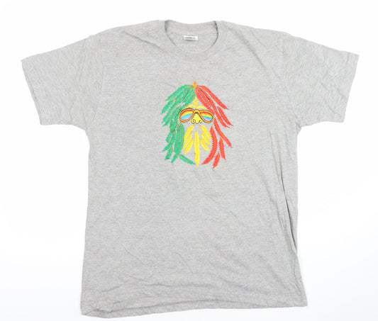 Shangri-La Men's Grey Rasta Embroidered Cotton T-Shirt L
