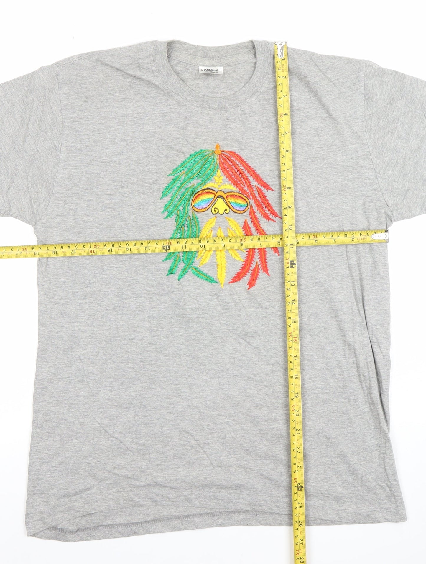 Shangri-La Men's Grey Rasta Embroidered Cotton T-Shirt L
