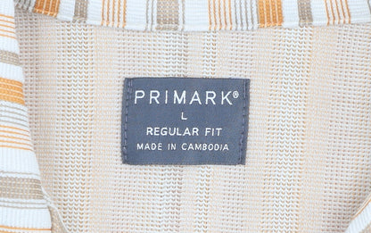 Primark Men's Beige Striped Regular Fit Short Sleeve Button-Up Shirt Size L