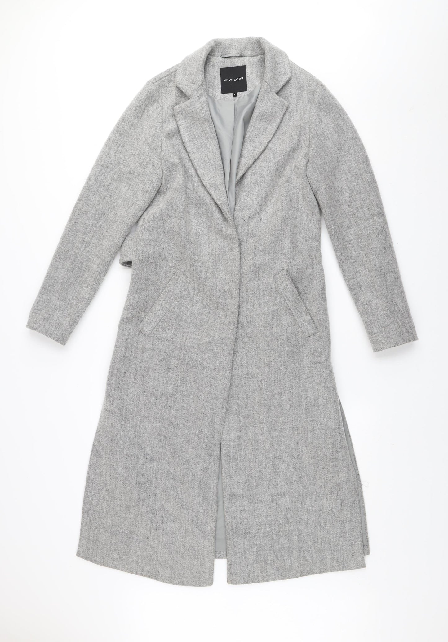 New Look Women’s Grey Long Belted Wool Blend Overcoat Size 6