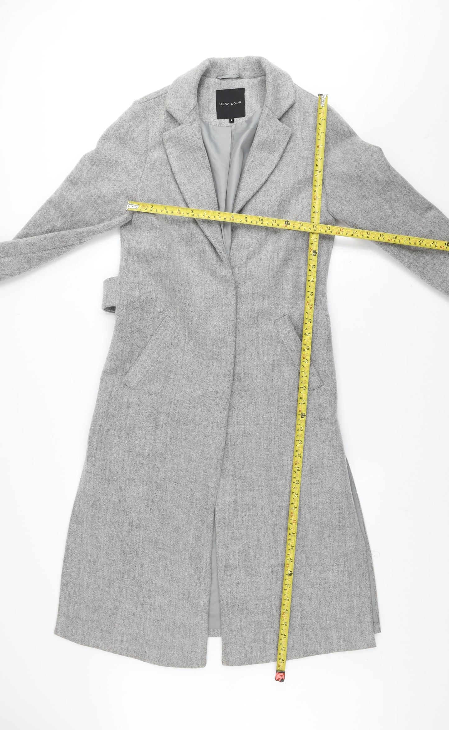 New Look Women’s Grey Long Belted Wool Blend Overcoat Size 6