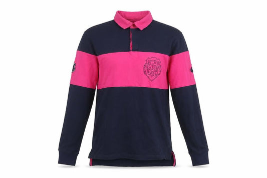 Front view of Asics Men's Blue & Pink Colourblock Rugby Shirt, size S, Long Sleeve