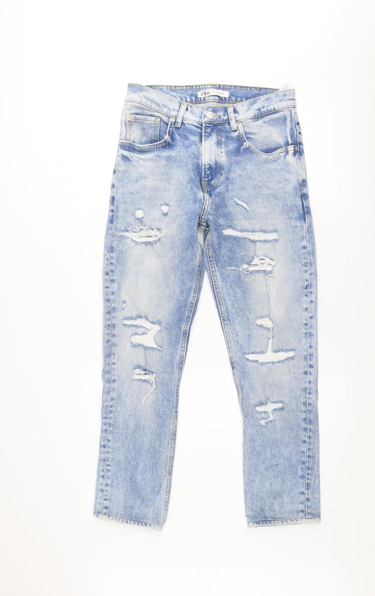ZARA Women Blue Distressed Mom Jeans Size 10 High Rise Denim