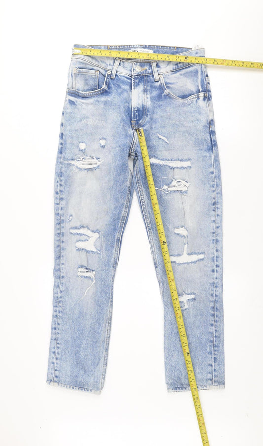 ZARA Women Blue Distressed Mom Jeans Size 10 High Rise Denim