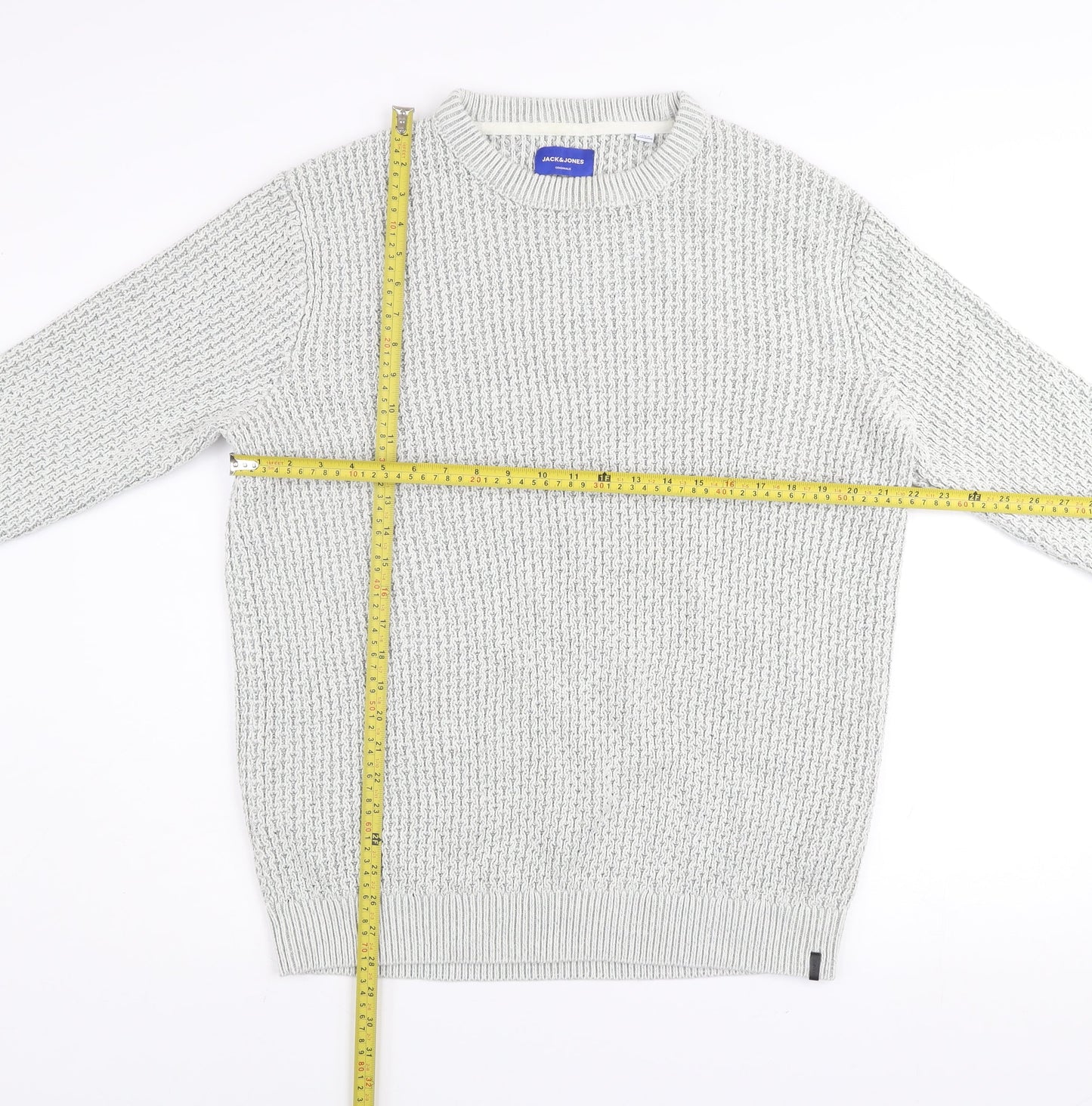 Jack & Jones Men's Grey Waffle-Knit Crew Neck Jumper Size S