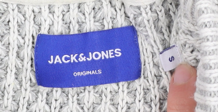 Jack & Jones Men's Grey Waffle-Knit Crew Neck Jumper Size S