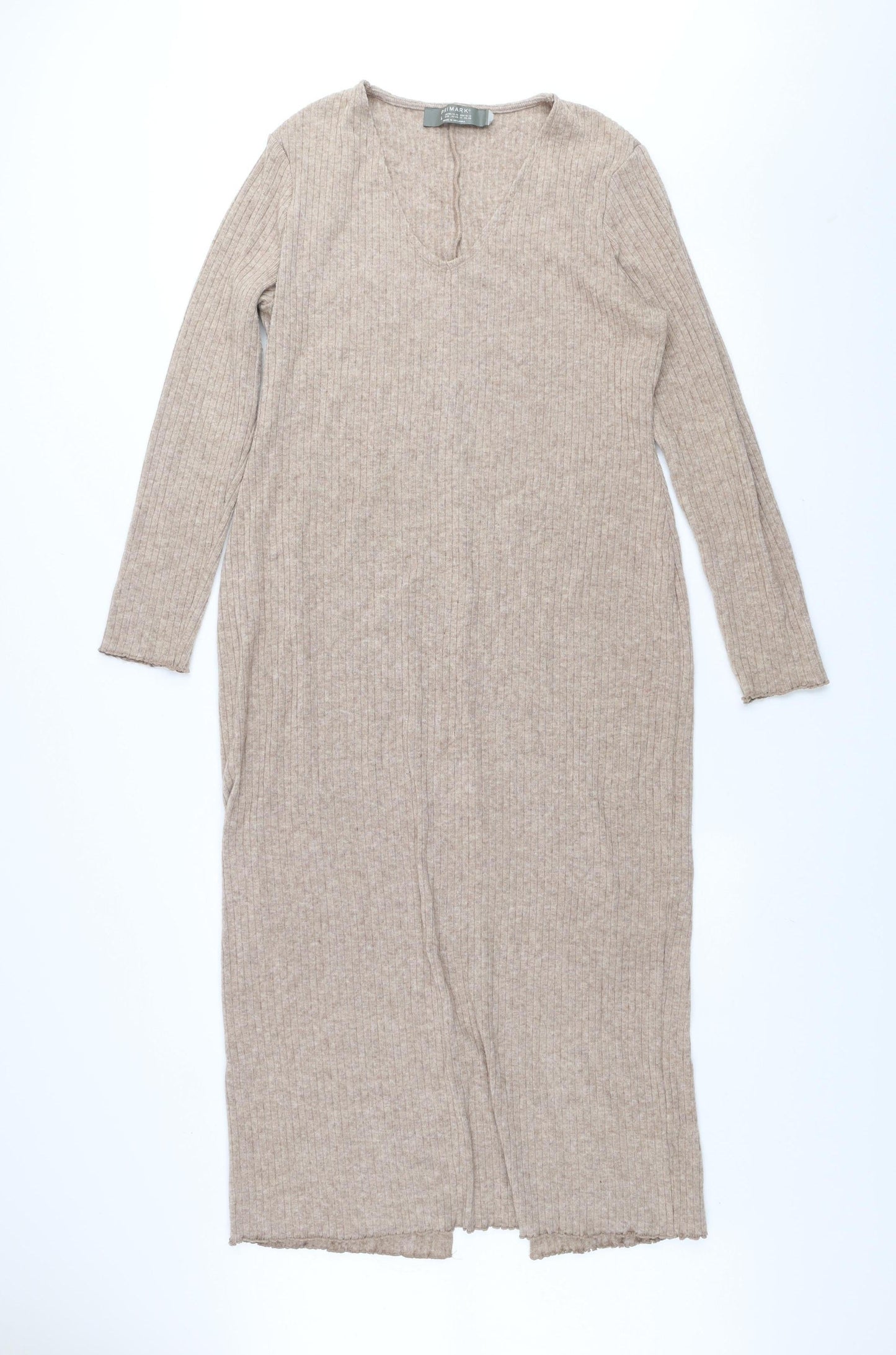 Primark Women Beige Midi Bodycon Knit Dress Size L V-Neck Long Sleeve