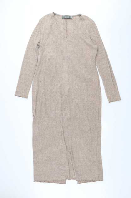 Primark Women Beige Midi Bodycon Knit Dress Size L V-Neck Long Sleeve