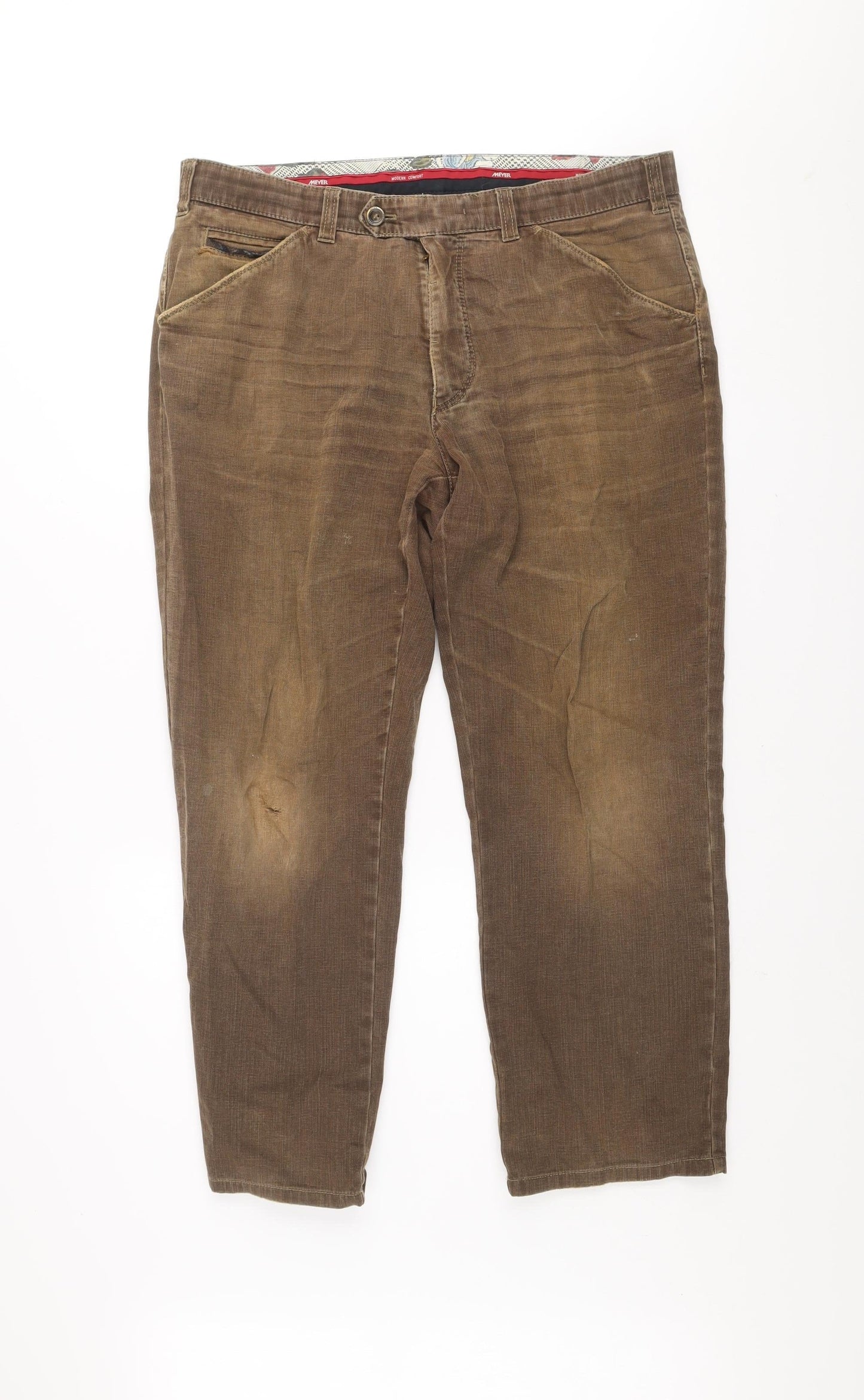 Meyer Men's Brown Chicago Chino Trousers Size 36/32 Cotton Blend