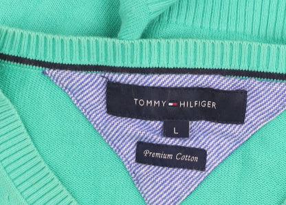 Tommy Hilfiger Men’s Green Cotton V-Neck Jumper Size L Classic Knit