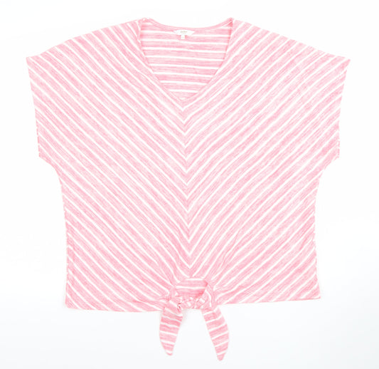 Cotton Traders Women’s Pink Striped V-Neck Tie Hem T-Shirt Size 20