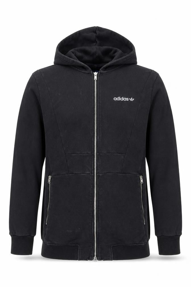 Front view of Adidas Men's Black Full Zip Hoodie, size S, Cotton Sportswear