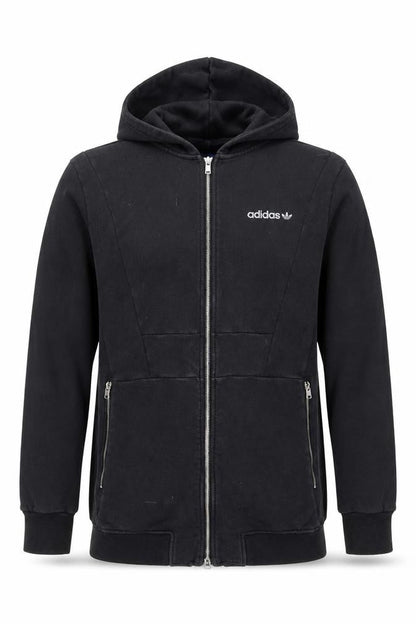 Front view of Adidas Men's Black Full Zip Hoodie, size S, Cotton Sportswear
