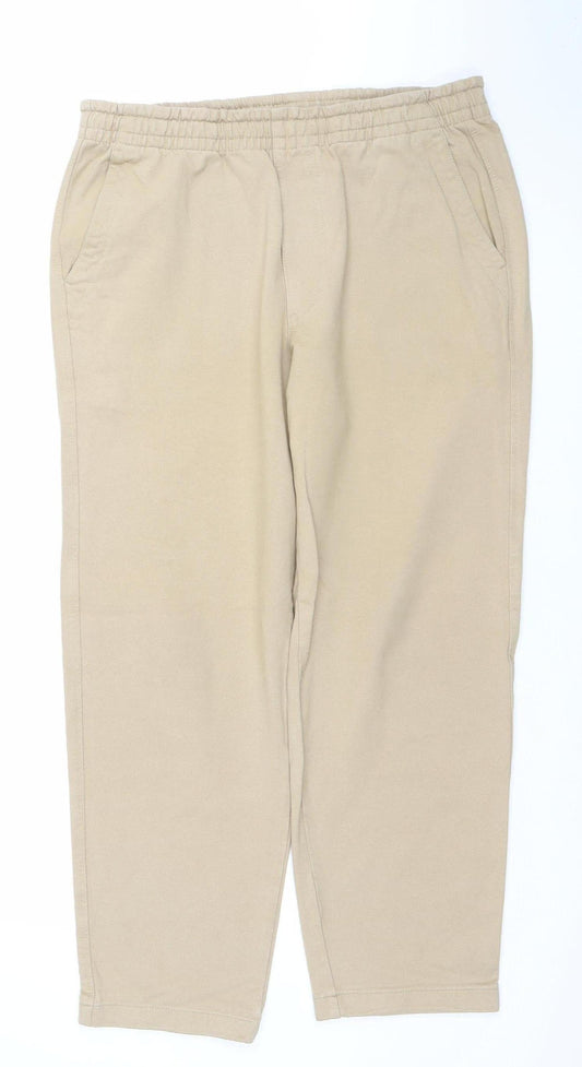UNIQLO Men Beige Elastic Waist Cotton Blend Jogger Trousers 33-36in Waist