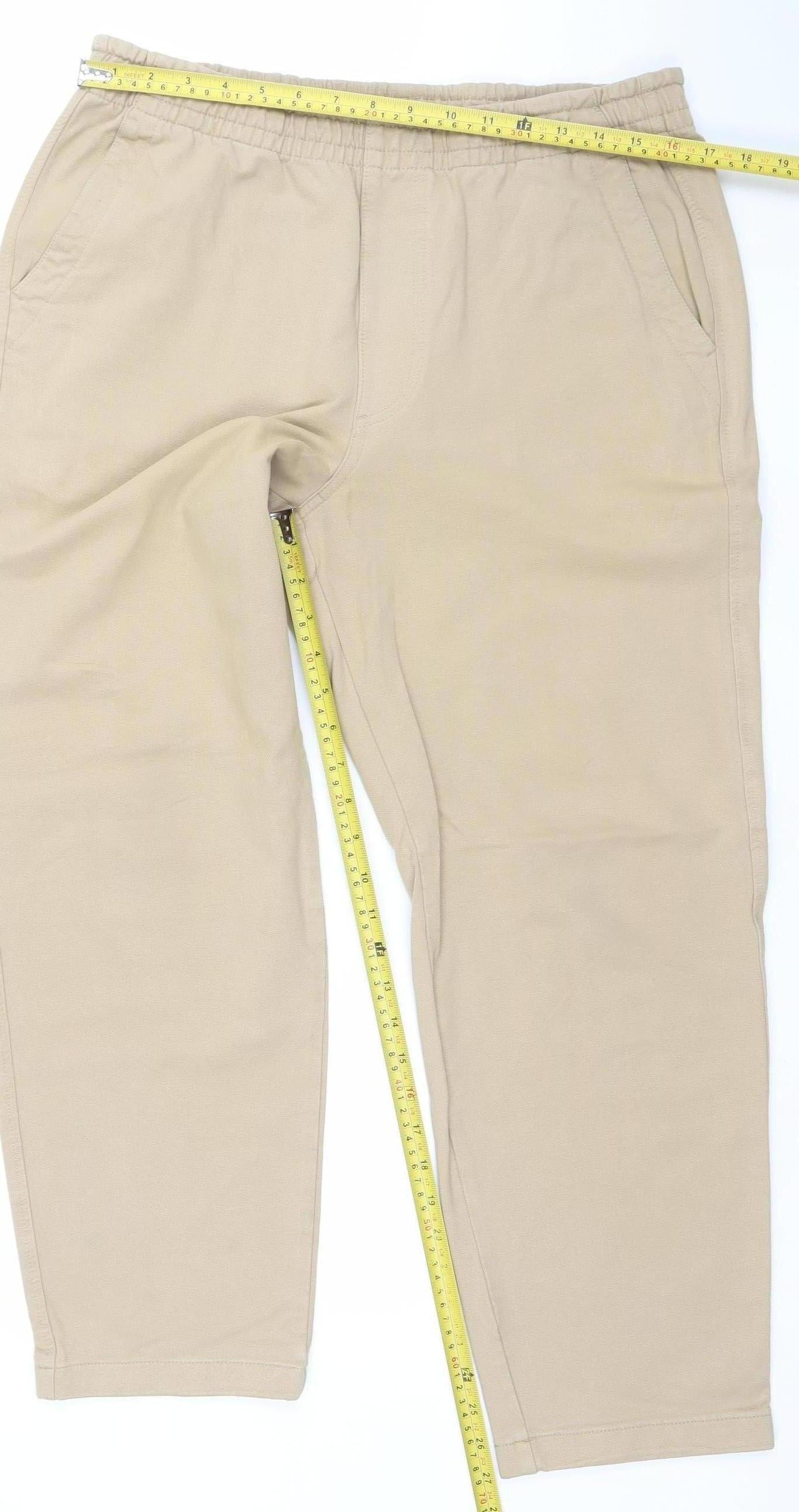 UNIQLO Men Beige Elastic Waist Cotton Blend Jogger Trousers 33-36in Waist