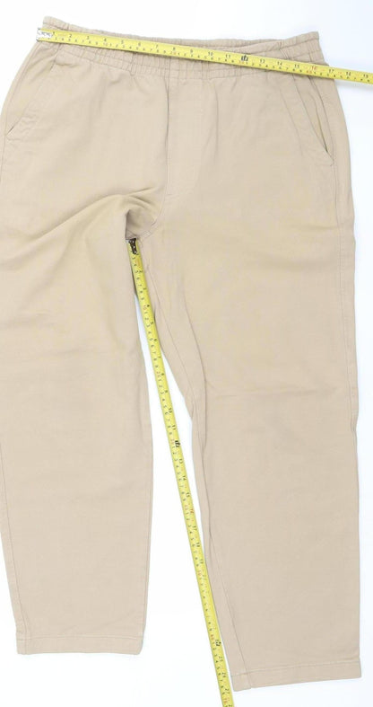 UNIQLO Men Beige Elastic Waist Cotton Blend Jogger Trousers 33-36in Waist