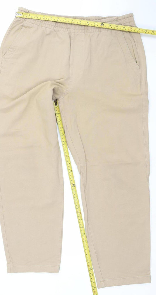 UNIQLO Men Beige Elastic Waist Cotton Blend Jogger Trousers 33-36in Waist