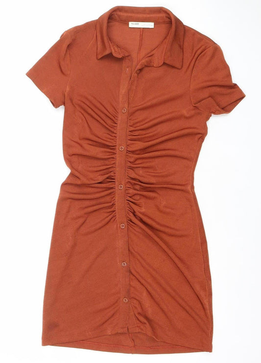 Pull&Bear Women's Brown Short Sleeve Collared Midi Shirt Dress Size S