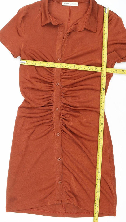 Pull&Bear Women's Brown Short Sleeve Collared Midi Shirt Dress Size S